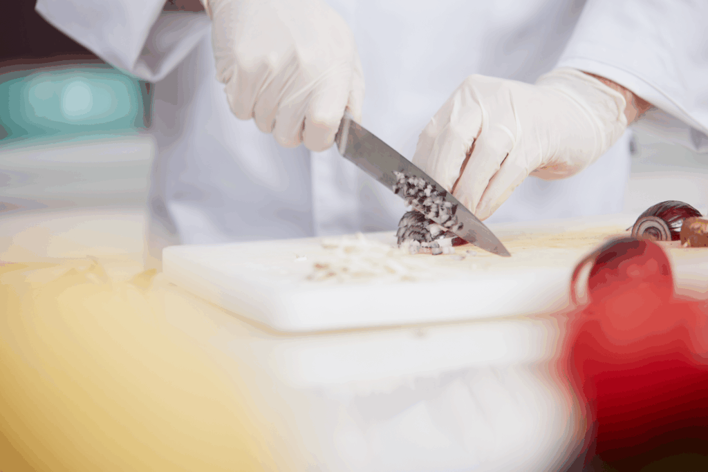 Plastik-Handschuhe in Küchen und Kantinen,. Hygiene in der Gemeinschaftsverpflegung, Großküche, Hygieneschulung